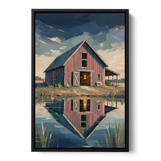 Farmhouse Red Barn Reflected in the Farm Pond - Black Framed Canvas Wall Art - Front
