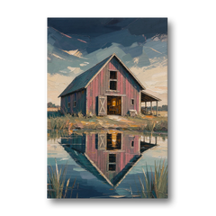 Farmhouse Red Barn Reflected in the Farm Pond - Canvas Wall Art - Front