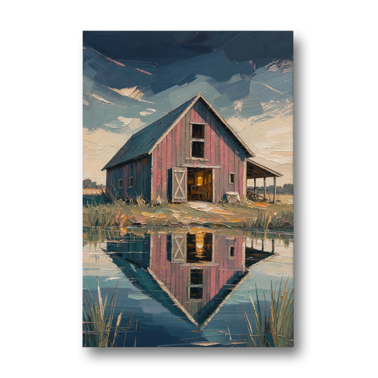 Farmhouse Red Barn Reflected in the Farm Pond - Canvas Wall Art - Front