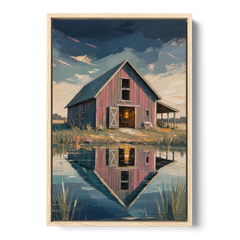 Farmhouse Red Barn Reflected in the Farm Pond - Oak Framed Canvas Wall Art - Front
