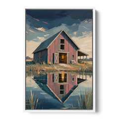 Farmhouse Red Barn Reflected in the Farm Pond - White Framed Canvas Wall Art - Front