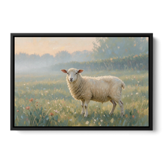 Farmhouse Sheep in the Morning Mist - Black Framed Canvas Wall Art - Front