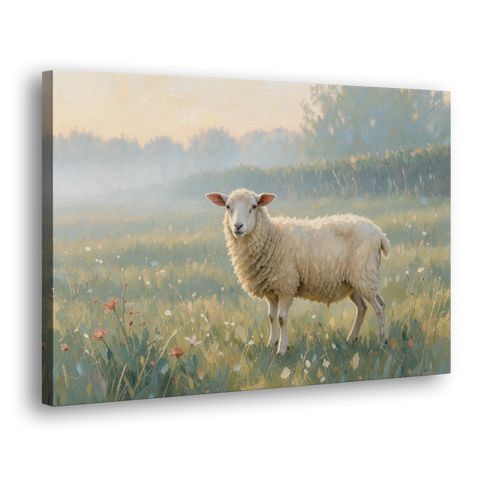 Farmhouse Sheep in the Morning Mist - Canvas Wall Art - Side