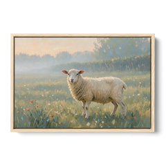 Farmhouse Sheep in the Morning Mist - Oak Framed Canvas Wall Art - Front