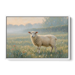 Farmhouse Sheep in the Morning Mist - White Framed Canvas Wall Art - Front
