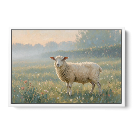 Farmhouse Sheep in the Morning Mist - White Framed Canvas Wall Art - Front