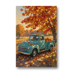 Farmhouse Truck Wall Art with Pumpkins Under Maple - Canvas Wall Art - Front