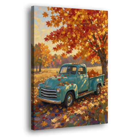 Farmhouse Truck Wall Art with Pumpkins Under Maple - Canvas Wall Art - Side