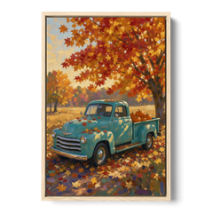 Farmhouse Truck Wall Art with Pumpkins Under Maple - Oak Framed Canvas Wall Art - Front