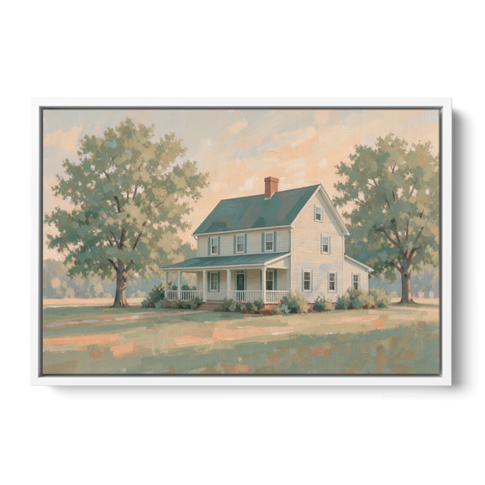 Farmhouse Wall Decor with a Deep Front Porch - White Framed Canvas Wall Art - Front