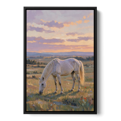Farmhouse White Horse Grazing at Twilight - Black Framed Canvas Wall Art - Front