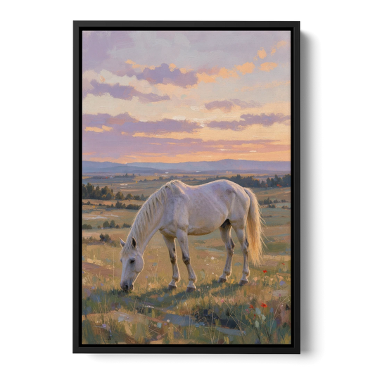 Farmhouse White Horse Grazing at Twilight - Black Framed Canvas Wall Art - Front