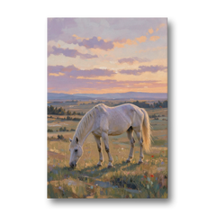 Farmhouse White Horse Grazing at Twilight - Canvas Wall Art - Front