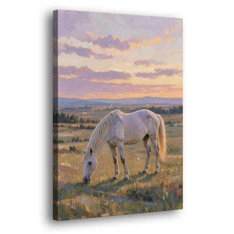 Farmhouse White Horse Grazing at Twilight - Canvas Wall Art - Side