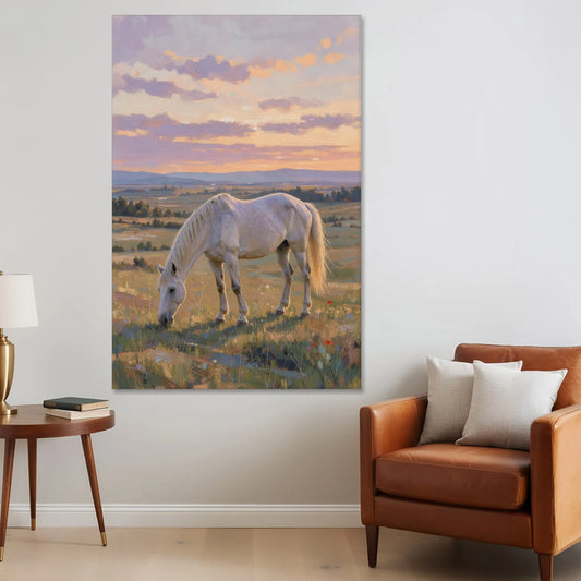 Farmhouse White Horse Grazing at Twilight - Canvas Wall Art - Sofa - 40x60