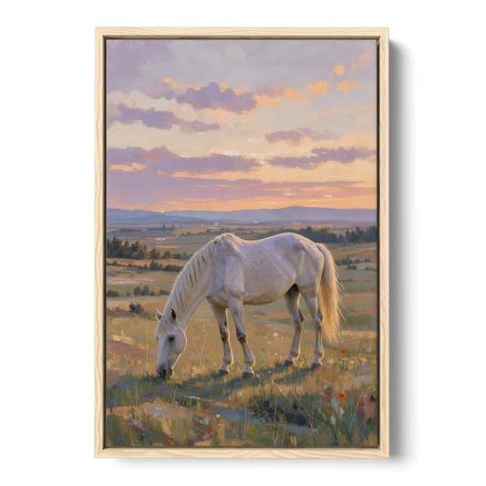 Farmhouse White Horse Grazing at Twilight - Oak Framed Canvas Wall Art - Front