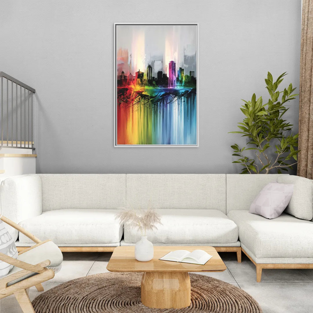 Fayetteville Downtown Skyline - Living Room White Frame Canvas