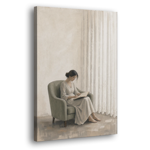 Feminine Wall Art Reader in the Sage Armchair - Canvas Wall Art - Side