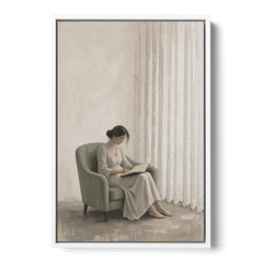Feminine Wall Art Reader in the Sage Armchair - White Framed Canvas Wall Art - Front
