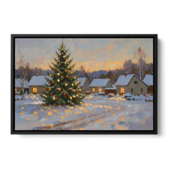 Festive Wall Art Tree in the Village Square - Black Framed Canvas Wall Art - Front