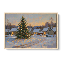 Festive Wall Art Tree in the Village Square - Oak Framed Canvas Wall Art - Front
