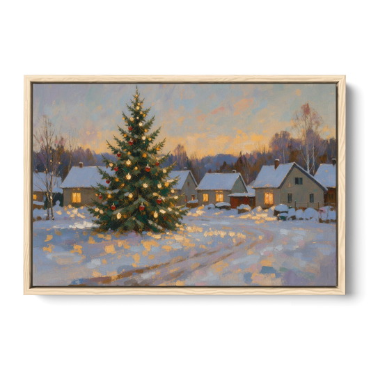 Festive Wall Art Tree in the Village Square - Oak Framed Canvas Wall Art - Front