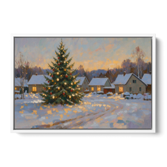 Festive Wall Art Tree in the Village Square - White Framed Canvas Wall Art - Front