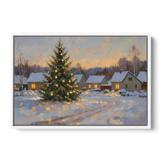 Festive Wall Art Tree in the Village Square - White Framed Canvas Wall Art - Front