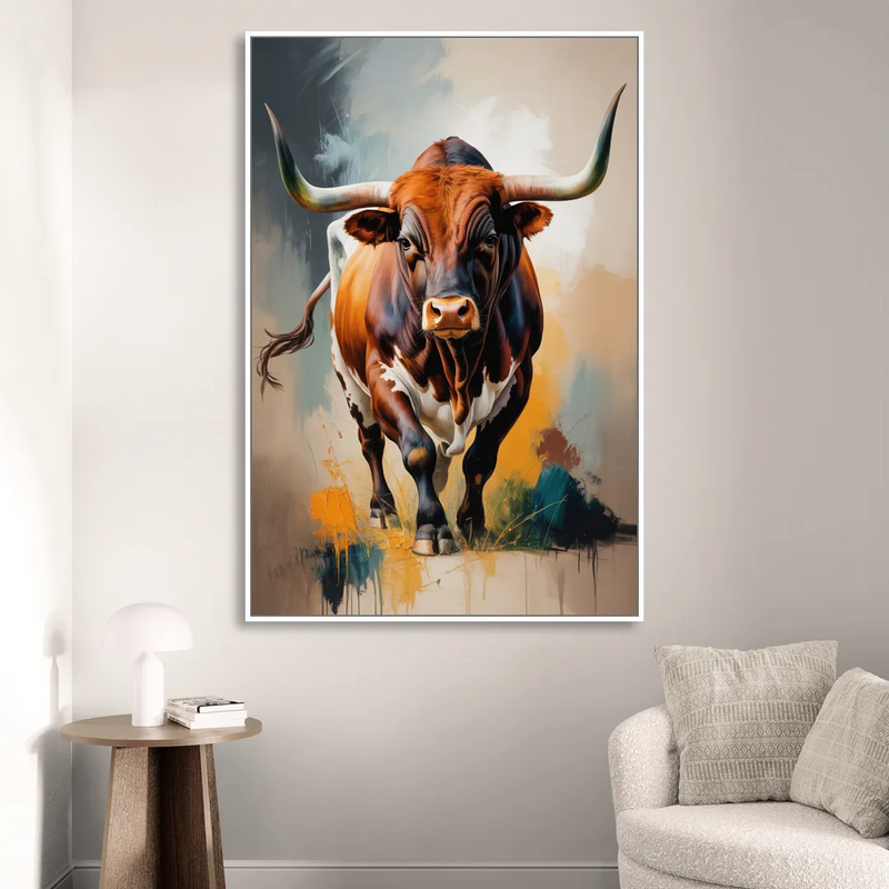 Fiery Longhorn Spirit Sitting Room - White Canvas Wall Art