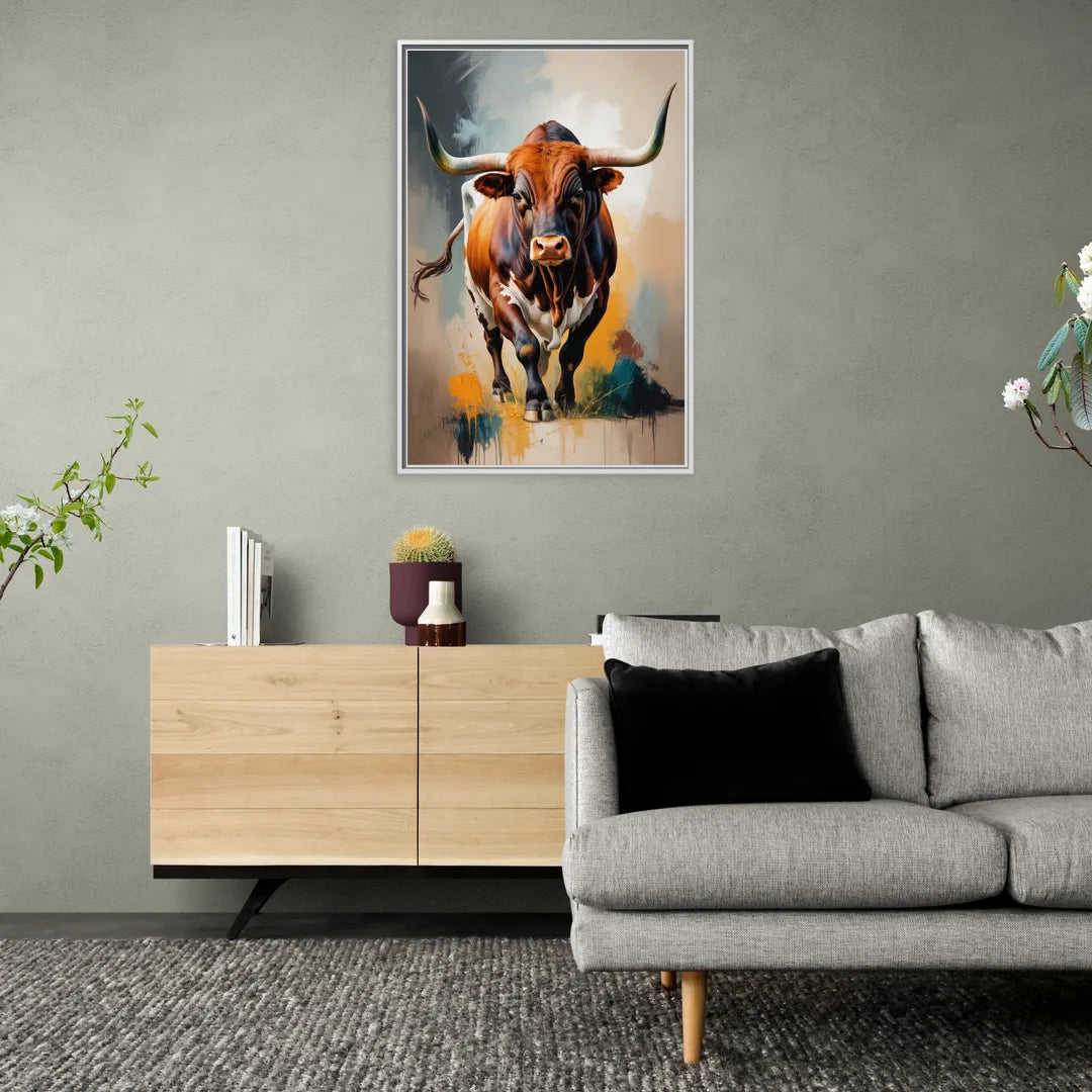 Fiery Longhorn Spirit - Living Room White Frame Canvas