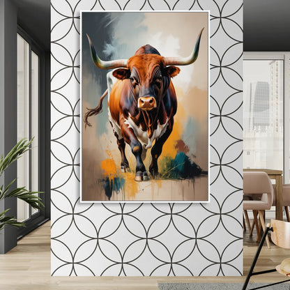 Fiery Longhorn Spirit Living Room - White Canvas Wall Art