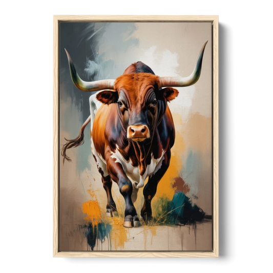 Fiery Longhorn Spirit - Oak Framed Canvas Wall Art - Front