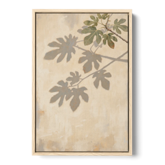 Fig Leaf Shadows on a Sunlit Limewashed Wall - Oak Framed Canvas Wall Art - Front