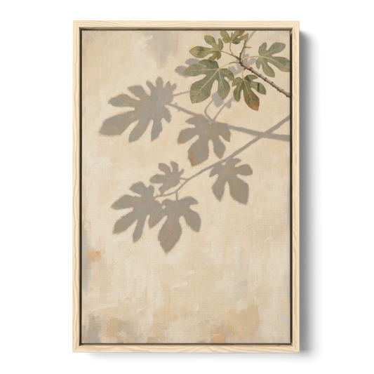 Fig Leaf Shadows on a Sunlit Limewashed Wall - Oak Framed Canvas Wall Art - Front