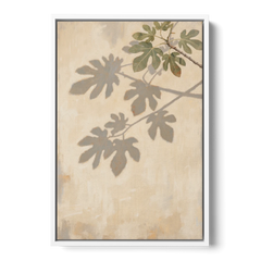 Fig Leaf Shadows on a Sunlit Limewashed Wall - White Framed Canvas Wall Art - Front