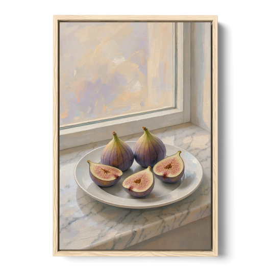 Fig Painting on a Marble Windowsill - Oak Framed Canvas Wall Art - Front