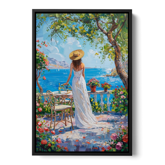 Figurative Painting of a Woman in White - Black Framed Canvas Wall Art - Front