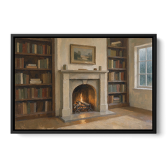 Fireplace Wall Art for a Rainy Library Nook - Black Framed Canvas Wall Art - Front