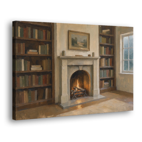 Fireplace Wall Art for a Rainy Library Nook - Canvas Wall Art - Side