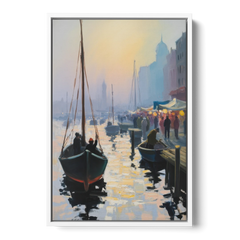 Fischmarkt Sunrise - White Framed Canvas Wall Art - Front
