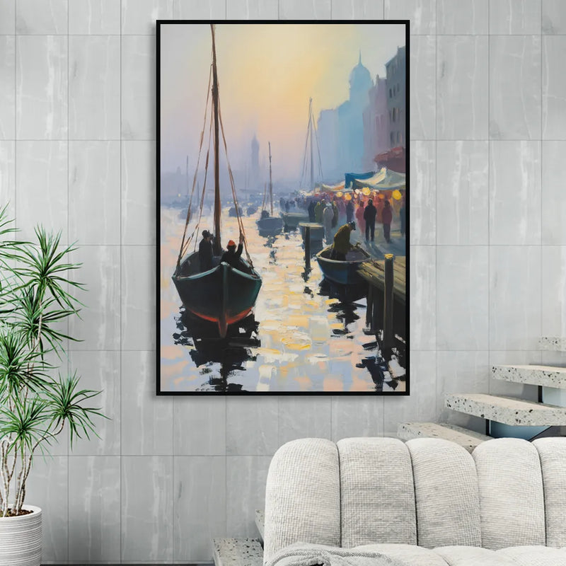 Fischmarkt Sunrise Living Room - Black Canvas Wall Art