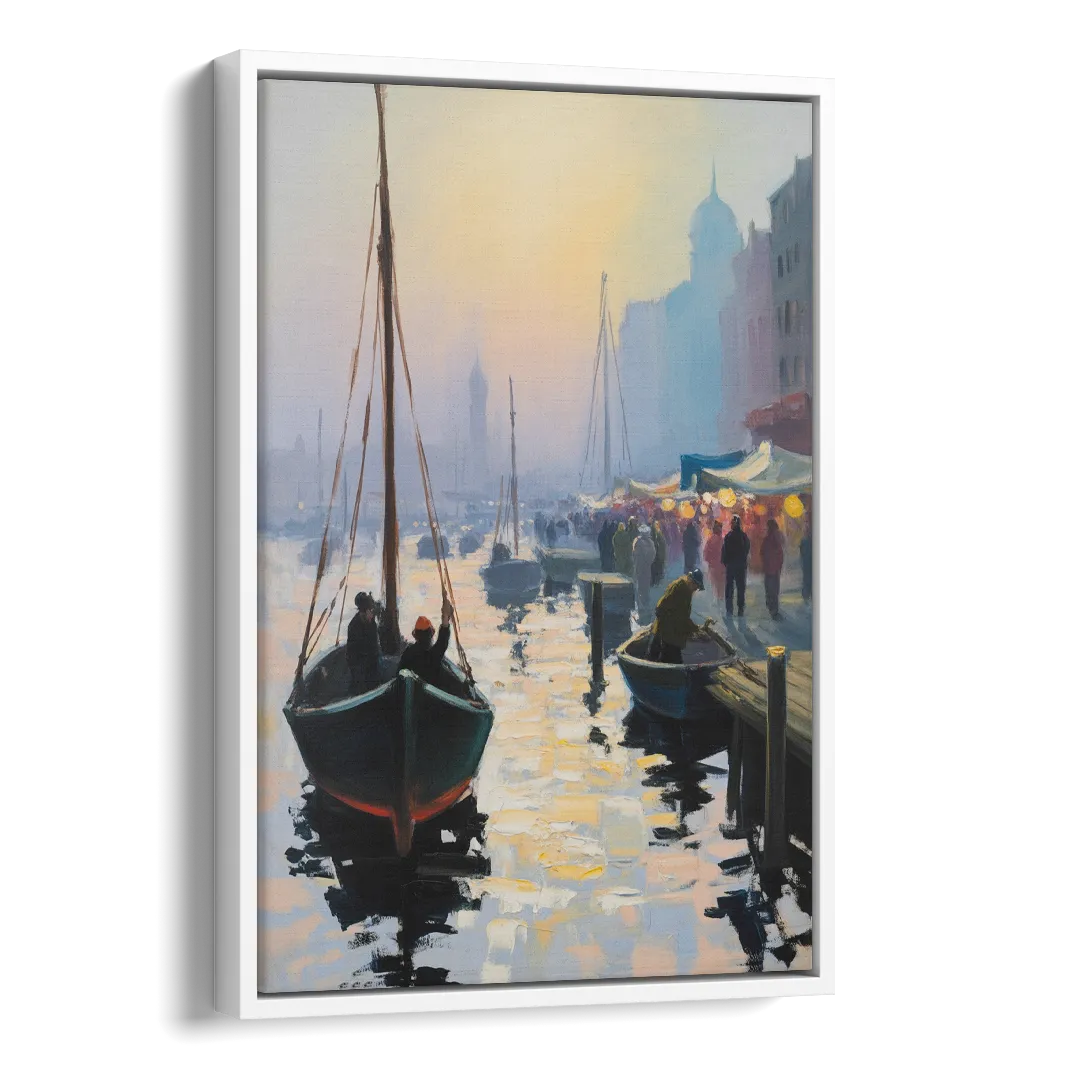 Fischmarkt Sunrise Side - White Canvas Wall Art