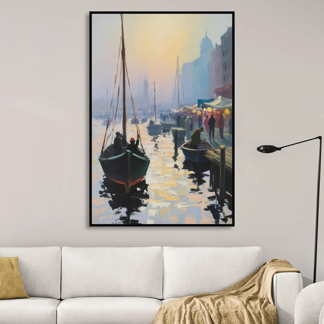 Fischmarkt Sunrise Sitting Room - Black Canvas Wall Art
