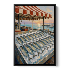 Fish Market Painting Under a Striped Awning - Black Framed Canvas Wall Art - Front