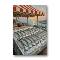 Fish Market Painting Under a Striped Awning - Canvas Wall Art - Front