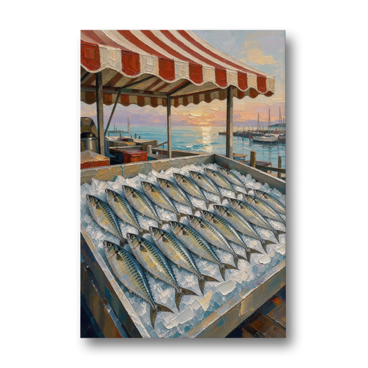 Fish Market Painting Under a Striped Awning - Canvas Wall Art - Front