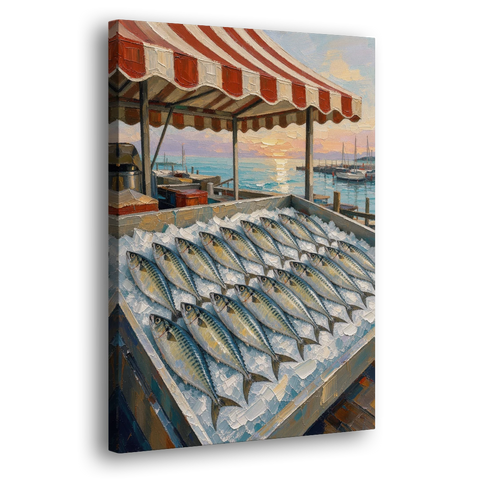 Fish Market Painting Under a Striped Awning - Canvas Wall Art - Side