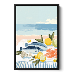Fish Painting with Lemons by the Sea - Black Framed Canvas Wall Art - Front