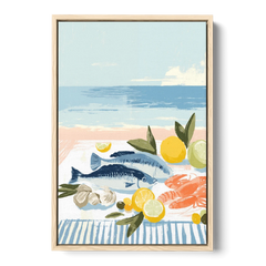 Fish Painting with Lemons by the Sea - Oak Framed Canvas Wall Art - Front