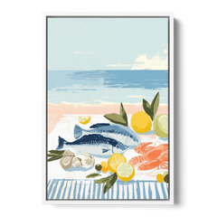 Fish Painting with Lemons by the Sea - White Framed Canvas Wall Art - Front